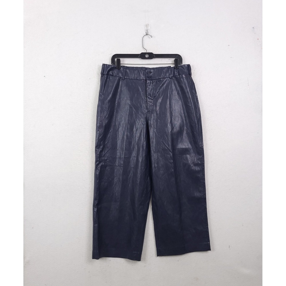 Chicos Faux Leather Wide Leg Crop Pants Navy Blue Metallic Size 14R Shiny Office